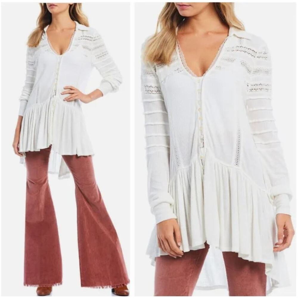 Free People Set to Stun Tunic Top Small White Lace Cotton Linen Cottage Boho